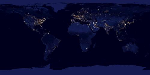 Lights across the earth are pictured in this NASA handout satellite image obtained by Reuters December 5, 2012. This new image of the Earth at night is a composite assembled from data acquired by the Suomi National Polar-orbiting Partnership (Suomi NPP) satellite over nine days in April 2012 and thirteen days in October 2012. It took 312 orbits and 2.5 terabytes of data to get a clear shot of every parcel of EarthÕs land surface and islands. REUTERS/NASA/Handout. (UNITED STATES - Tags: ENVIRONMENT SCIENCE TECHNOLOGY) THIS IMAGE HAS BEEN SUPPLIED BY A THIRD PARTY. IT IS DISTRIBUTED, EXACTLY AS RECEIVED BY REUTERS, AS A SERVICE TO CLIENTS. FOR EDITORIAL USE ONLY. NOT FOR SALE FOR MARKETING OR ADVERTISING CAMPAIGNS - TM3E8C51C4001
