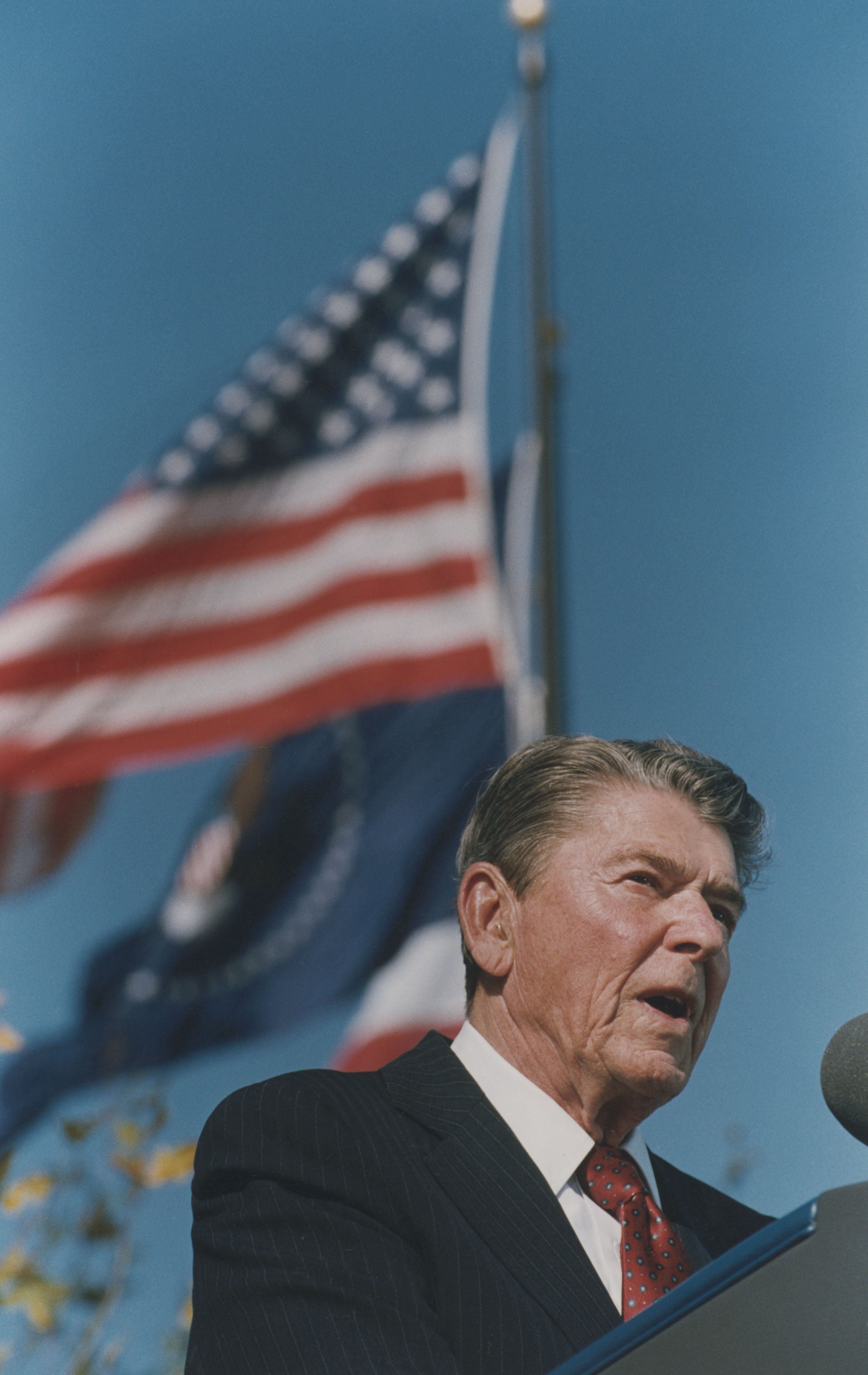 The United States flag flutters behind former President Ronald Reagan.