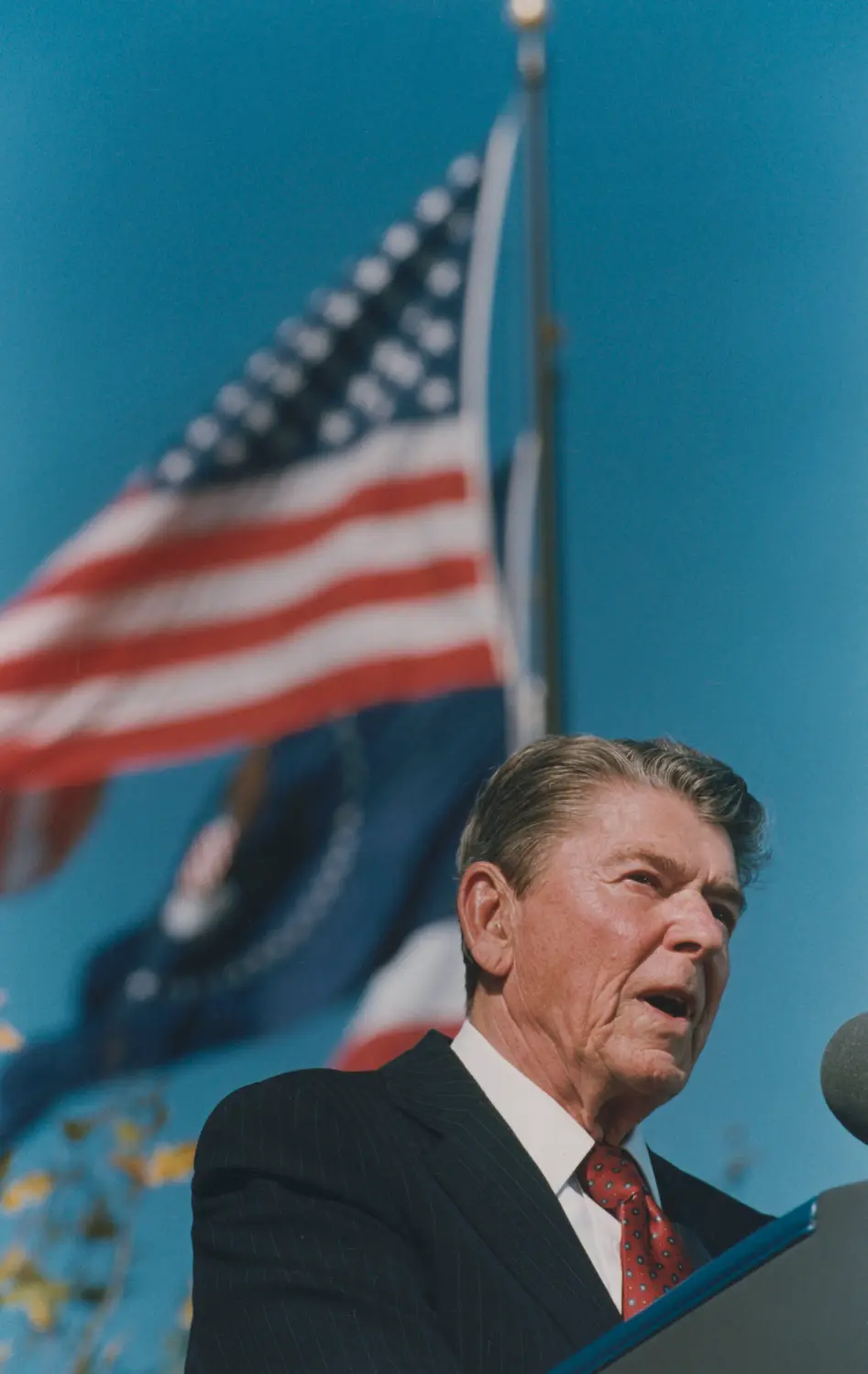 The United States flag flutters behind former President Ronald Reagan.