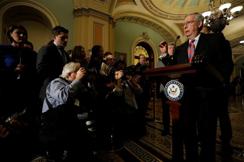 Senate Majority Leader Mitch McConnell speaks with reporters following the party luncheons on Capitol Hill in Washington, U.S.
