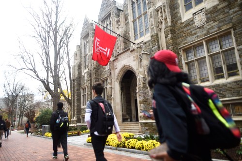 Students walk through the campus of Temple University in Philadelphia