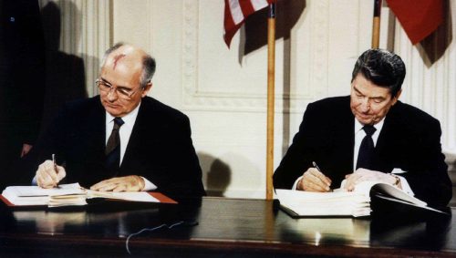 FILE PHOTO 8DEC87 - U.S. President Ronald Reagan (R) and Soviet President Mikhail Gorbachev sign the Intermediate-Range Nuclear Forces (INF) treaty in the White House December 8 1987. Reagan was elected as the 40th U.S. president in 1980.