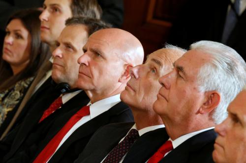 White House Chief of Staff John Kelly (C), flanked by White House Press Secretary Sarah Huckabee Sanders (from L), White House senior advisor Jared Kushner, National Security Council Middle East adviser Michael Bell, U.S. National Security Adviser H.R. McMaster, Secretary of State Rex Tillerson (2nd R) and ?Vice President Mike Pence? (R), attends Kuwait's Emir Sabah Al-Ahmad Al-Jaber Al-Sabah and U.S. President Donald Trump's news conference after their meetings at the White House in Washington, U.S. September 7, 2017. REUTERS/Jonathan Ernst - RC1CCFBA2E30