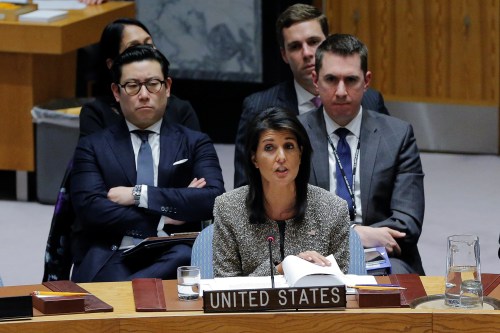 United States ambassador to the United Nations (UN) Nikki Haley speaks during a meeting of the UN Security Council to discuss a North Korean missile launch at UN headquarters in New York, U.S., November 29, 2017. REUTERS/Lucas Jackson - RC13D928A720