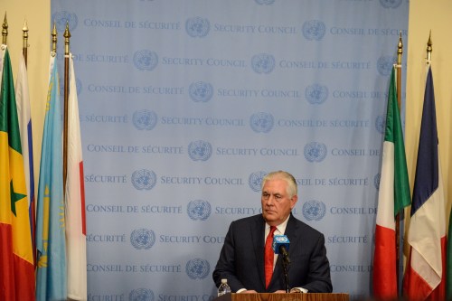 U.S. Secretary of State Rex Tillerson delivers remarks to members of the press after a meeting about North Korea's nuclear program at the United Nations headquarters in New York City, U.S. December 15, 2017. REUTERS/Stephanie Keith - RC1B35132D00