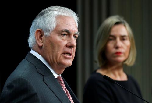 U.S. Secretary of State Rex Tillerson and European Union foreign policy chief Federica Mogherini address a joint news conference at the European Council in Brussels, Belgium, December 5, 2017. REUTERS/Francois Lenoir