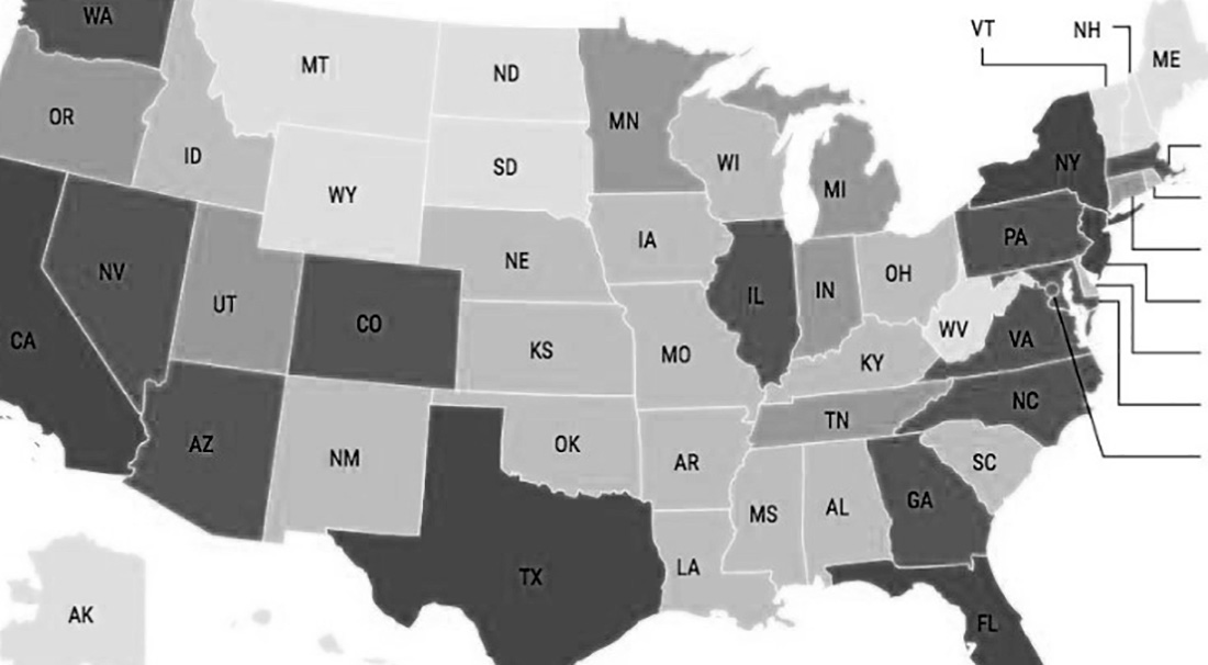 Black and white map of the U.S.