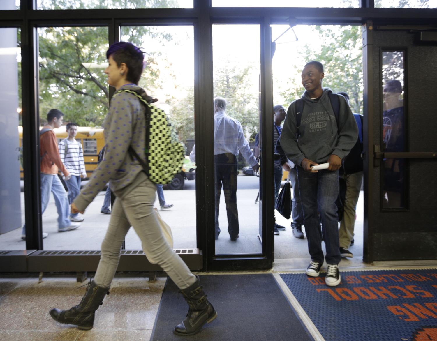 Students make their return to Whitney Young High School in Chicago, September 19, 2012.