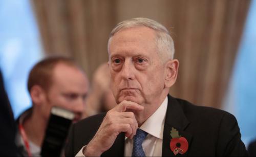 U.S. Secretary for Defense, Jim Mattis, sits opposite Britain's Secretary of State for Defence, Gavin Williamson, before a meeting at the Ministry of Defence (MoD) in central London, Britain November 10, 2017. REUTERS/Simon Dawson - RC1A8163C750