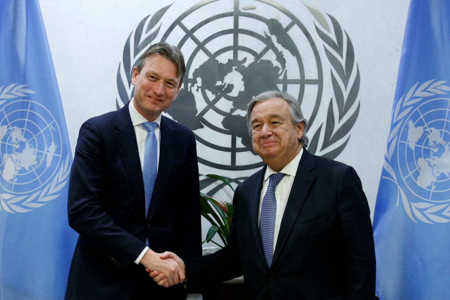 Dutch Foreign Minister Halbe Zijlstra meets with the United Nations Secretary-General Antonio Guterres U.N. headquarters in New York City, New York, U.S., December 15, 2017. REUTERS/Brendan McDermid