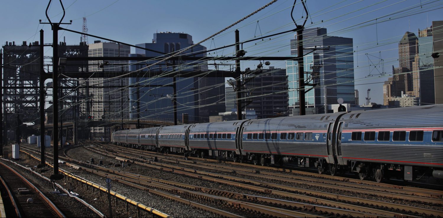 An AMTRAK train is seen leaving the Harrison station in New Jersey.