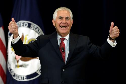 U.S. Secretary of State Rex Tillerson gestures before delivering remarks to the employees at the State Department in Washington, U.S., May 3, 2017. REUTERS/Yuri Gripas - RC198A4AA290