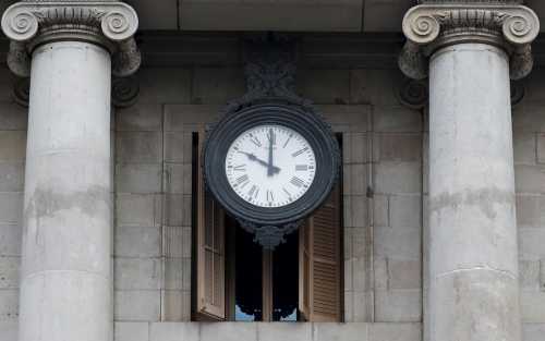 A clock in Sant Jaume square is seen at ten o'clock.