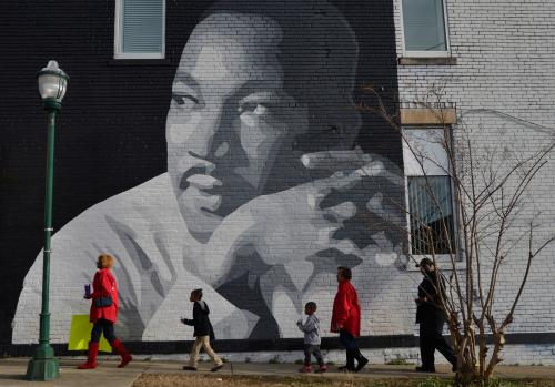 People gather to march in the annual parade down MLK Boulevard to honor Martin Luther King, in Chattanooga, Tennessee