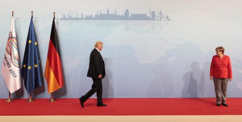 German Chancellor Angela Merkel welcomes U.S. President Donald Trump at the G20 leaders summit in Hamburg, Germany.
