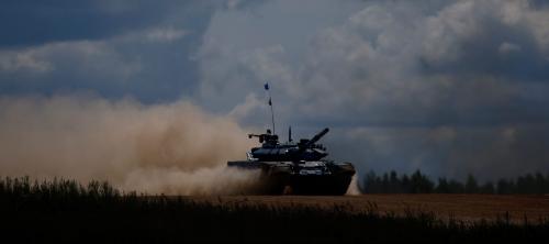 A T-72 tank, operated by a crew from Azerbaijan, drives during the Tank Biathlon competition, part of the International Army Games 2017, at a range in the settlement of Alabino outside Moscow, Russia.
