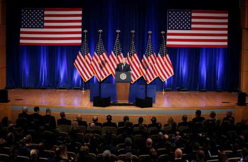 U.S. President Donald Trump delivers remarks regarding the Administration's National Security Strategy at the Ronald Reagan Building and International Trade Center in Washington D.C, U.S., December 18, 2017. REUTERS/Joshua Roberts - RC12F2641E50