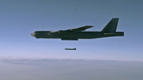 Photo of a B52 testing an air launched cruise missile.