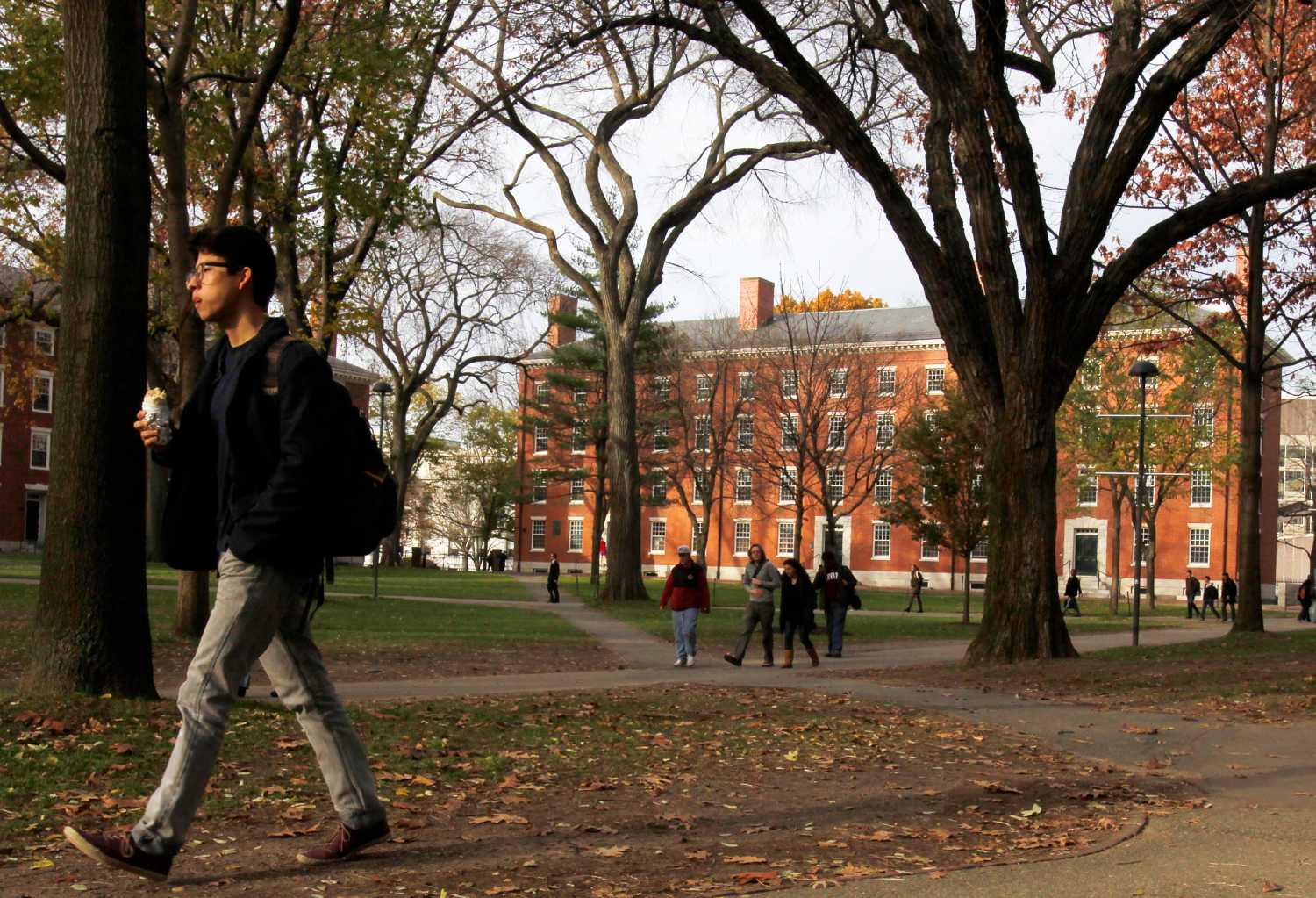 A man walks through Harvard Yard at Harvard University.
