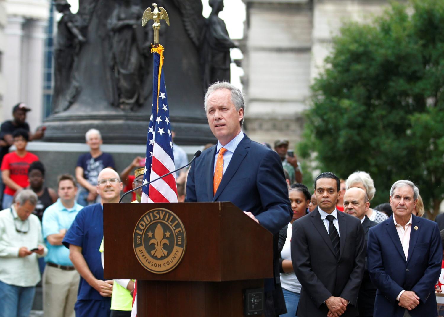 Louisville Mayor Greg Fischer speaks in front of the Ali Center in Louisville, Kentucky.