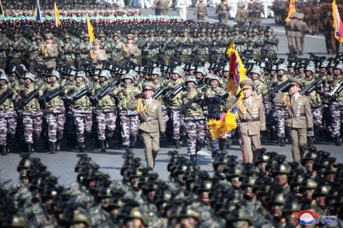 Soldiers march during a grand military parade celebrating the 70th founding anniversary of the Korean People's Army at the Kim Il Sung Square in Pyongyang, in this photo released by North Korea's Korean Central News Agency (KCNA) February 9, 2018. KCNA/via REUTERS