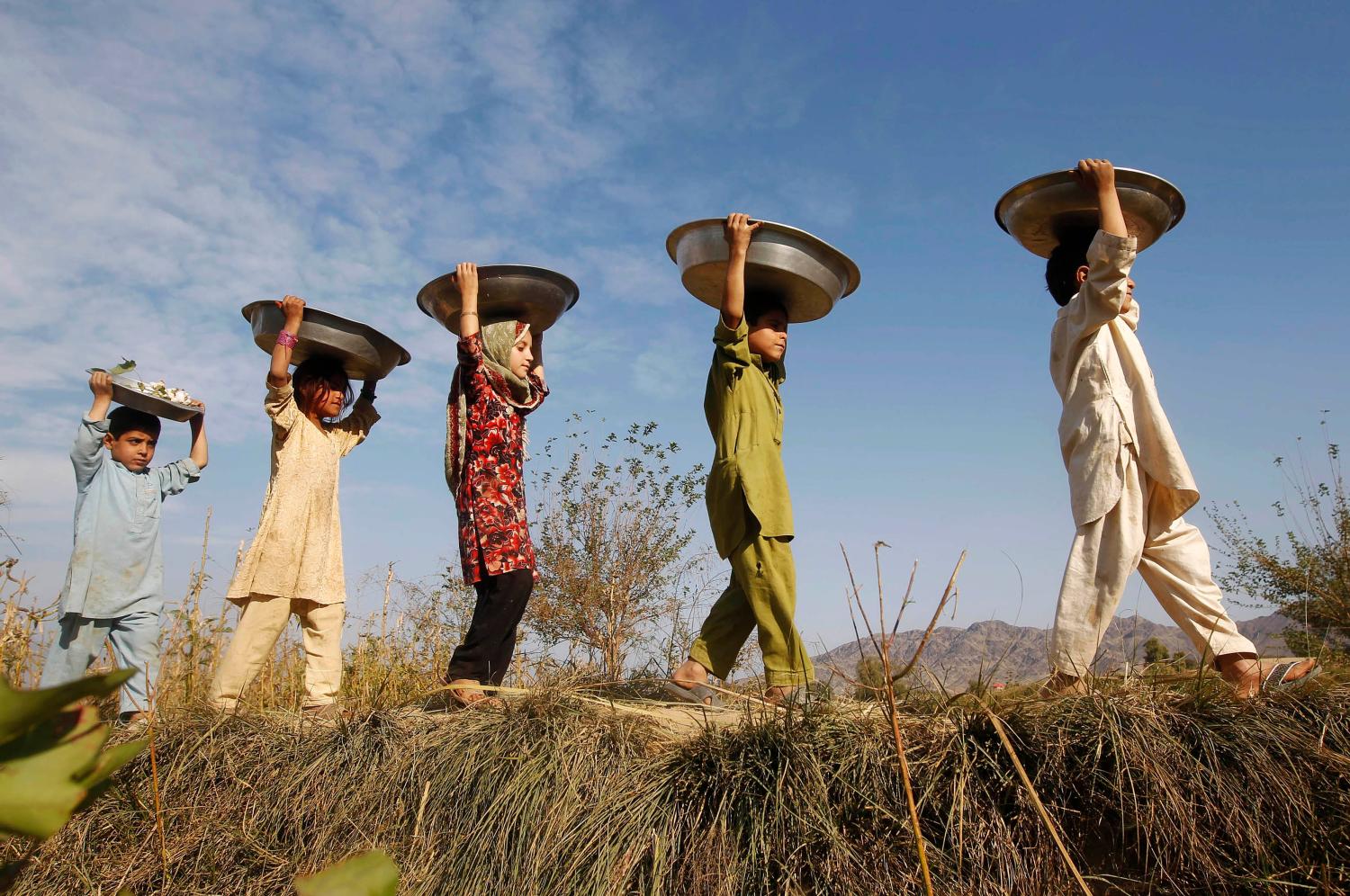 Afghan children walk out of a field as they carry cotton clumps on the outskirts of Jalalabad province