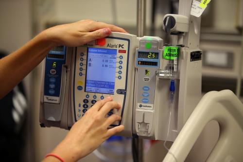 A nurse attends to medical equipment delivering 4-year old Ely Bowman his treatment for Batten disease at the Orange County Children's Hospital in Orange, California, U.S. August 25, 2017. Picture taken August 25, 2017. REUTERS/Mike Blake - RC1420386B30