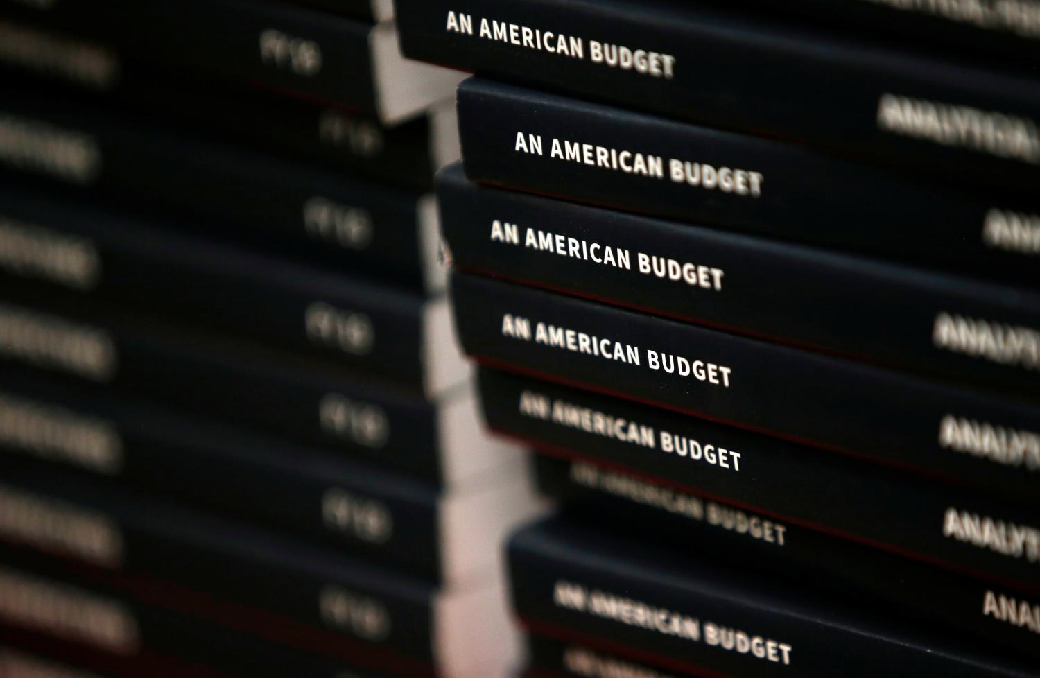 New copies of President Donald Trump's Budget for the U.S. Government for the Fiscal Year 2019 lay on a display table at the U.S. Government Publishing Office in Washington, U.S., February 12, 2018. REUTERS/Leah Millis - RC1EF3683E50