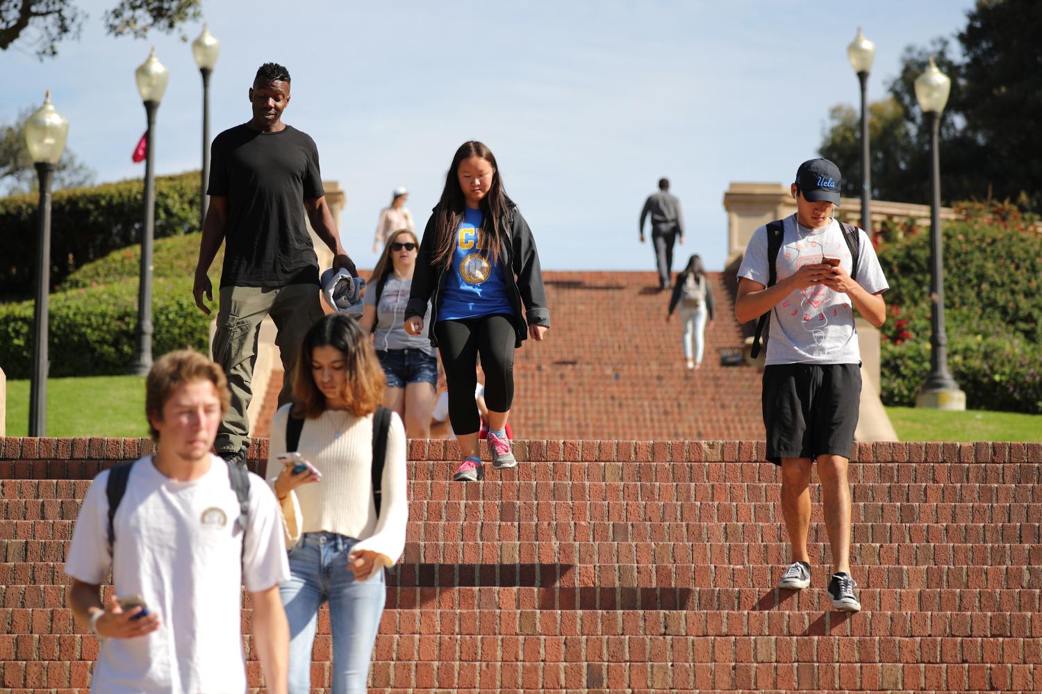 University of California Los Angeles (UCLA) students walk on the UCLA campus in Los Angeles