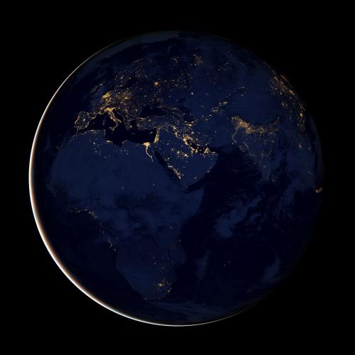 A NASA Earth Observatory handout released December 5, 2012 of a composite image of Europe, Africa, and the Middle East at night, assembled from data acquired by the Suomi NPP satellite in April and October 2012. The image was made possible by the satellite's "day-night band" of the Visible Infrared Imaging Radiometer Suite (VIIRS), which detects light in a range of wavelengths from green to near-infrared and uses filtering techniques to observe dim signals such as city lights, gas flares, auroras, wildfires and reflected moonlight. REUTERS/NASA Earth Observatory/Handout (SCIENCE TECHNOLOGY ENVIRONMENT) FOR EDITORIAL USE ONLY. NOT FOR SALE FOR MARKETING OR ADVERTISING CAMPAIGNS. THIS IMAGE HAS BEEN SUPPLIED BY A THIRD PARTY. IT IS DISTRIBUTED, EXACTLY AS RECEIVED BY REUTERS, AS A SERVICE TO CLIENTS - GF2E8C51UIA01