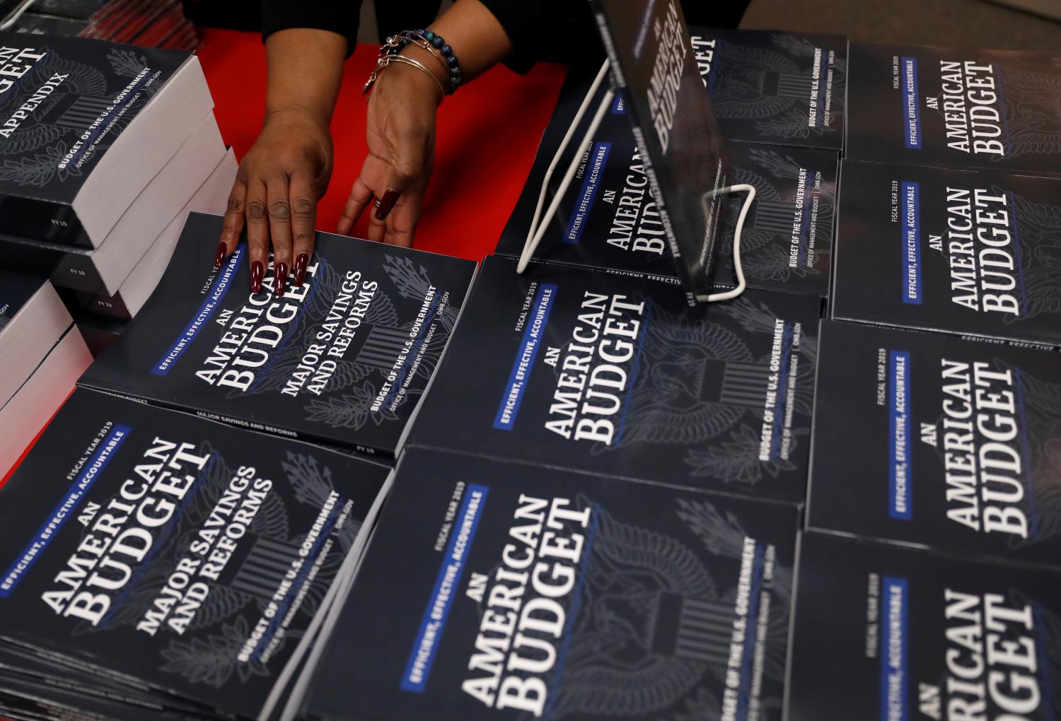 U.S. Government Publishing Office employee Darlene Matthews arranges new copies of President Donald Trump's Budget for the U.S. Government for the Fiscal Year 2019 at the U.S. Government Publishing Office in Washington, U.S., February 12, 2018.