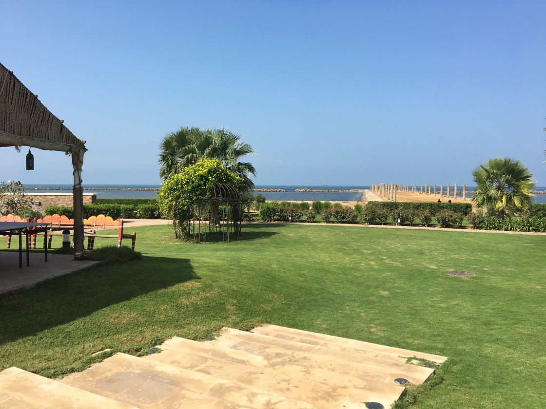 The view from our seaside resort hotel in Jizan. Part of Vision 2030 includes social liberalization and developing internal tourism, part of an effort to persuade wealthy Saudis to spend their weekends and vacations at home rather than in Dubai or Bahrain (where there are movies, concerts, beaches, and so on). The pool at our hotel was packed with kids—they played in the water while their dads sunbathed in shorts and their moms, who were nearly all in niqab (a veil that covers the face except for the eyes), lounged under umbrellas in the humid heat.