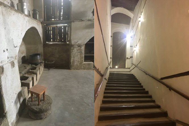 In the kitchen of the well-restored Al Nassif House in old Jeddah, in which King Abdelaziz Al Saud set up his office for some period (probably why it’s been so well preserved). The kitchen had two large ovens and twelve “burners” for cooking pots, all wood-fired. Camels were used to transport the platters of food from the top-floor kitchen to the diners several stories below—the stairs were built wide and shallow to allow the camels to go up and down.