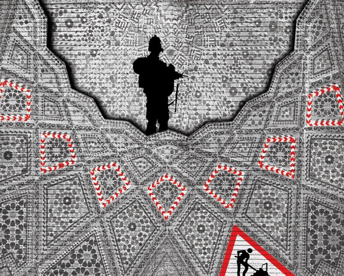 One of Gharem’s pieces, called “Men at Work.” The image is constructed from thousands of tiny rubber stamps bearing letters of the Arabic and Latin alphabets. Gharem told NPR that “that stamp is the symbol of bureaucracy, yeah. When you have a baby, you should stamp that you have the baby. When you go into marriage you should have stamps. Even if you need a vacation you need that kind of stamp. So I think that's what's killing the dreams of the youth here.” Gharem uses the stamp letters to spell out hidden messages, and paints images over the entire structure of stamps by hand.