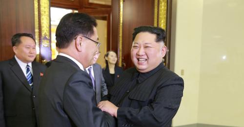 North Korean leader Kim Jong Un greets a member of the special delegation of South Korea's President at a dinner in this photo released by North Korea's Korean Central News Agency (KCNA) on March 6, 2018. KCNA/via Reuters ATTENTION EDITORS - THIS PICTURE WAS PROVIDED BY A THIRD PARTY. REUTERS IS UNABLE TO INDEPENDENTLY VERIFY THE AUTHENTICITY, CONTENT, LOCATION OR DATE OF THIS IMAGE. NO THIRD PARTY SALES. SOUTH KOREA OUT. - RC1CEB270390