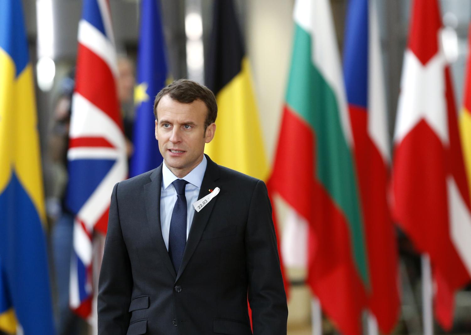 France's President Emmanuel Macron arrives at a European Union leaders summit in Brussels, Belgium, March 22, 2018. REUTERS/Francois Lenoir - UP1EE3M13213M