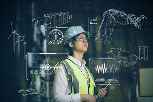 hispanic woman engineer and industrial technology abstract. Internet of Things. INDUSTRY4.0