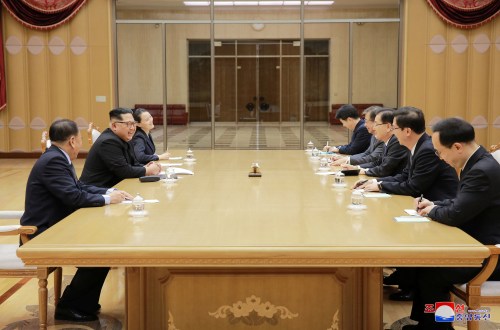 North Korean leader Kim Jong Un meets members of the special delegation of South Korea's President in this photo released by North Korea's Korean Central News Agency (KCNA) on March 6, 2018. KCNA/via Reuters ATTENTION EDITORS - THIS PICTURE WAS PROVIDED BY A THIRD PARTY. REUTERS IS UNABLE TO INDEPENDENTLY VERIFY THE AUTHENTICITY, CONTENT, LOCATION OR DATE OF THIS IMAGE. NO THIRD PARTY SALES. SOUTH KOREA OUT. - RC195AC14980