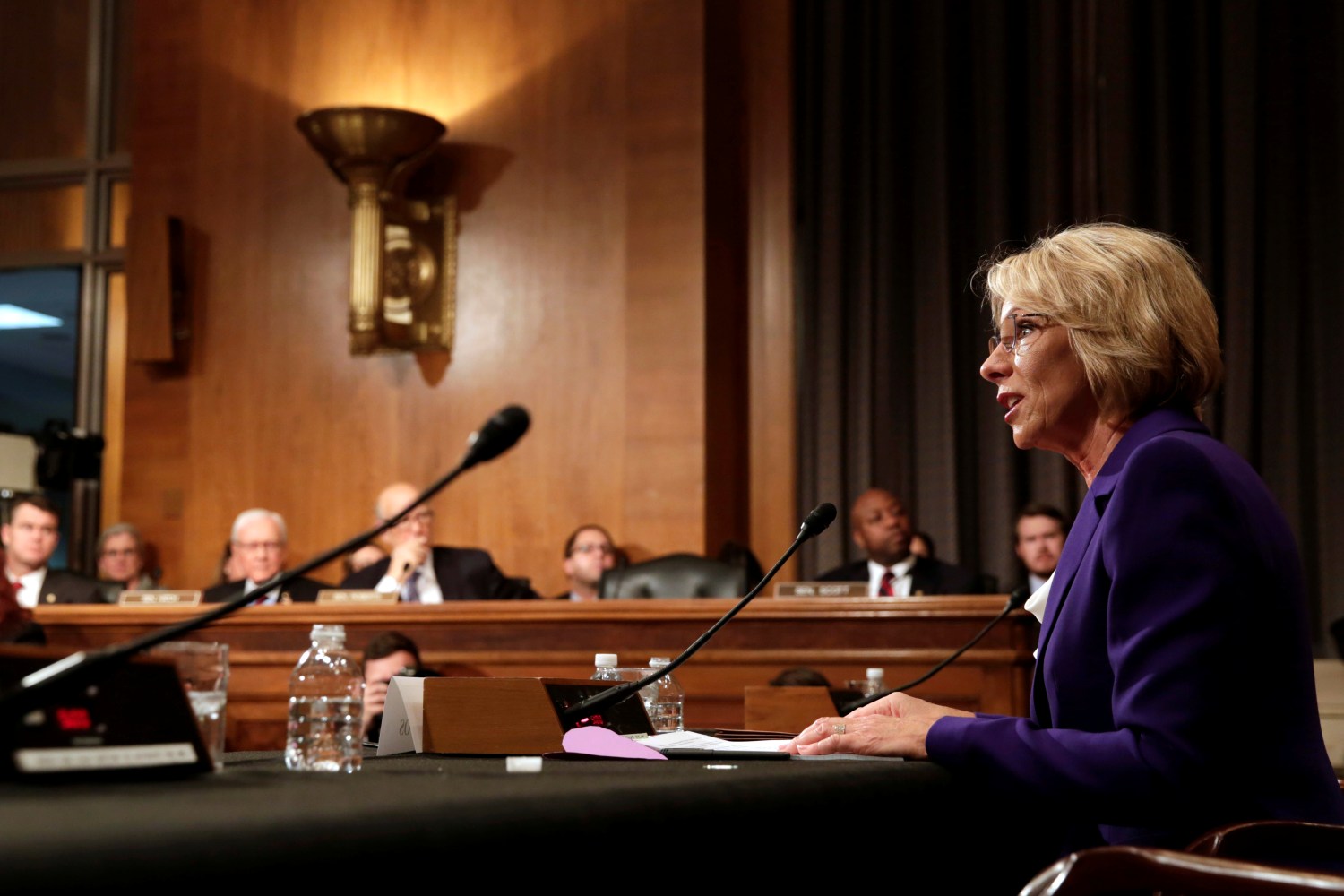 Betsy DeVos testifies before the Senate Health, Education and Labor Committee confirmation hearing to be next Secretary of Education on Capitol Hill in Washington, U.S., January 17, 2017. REUTERS/Yuri Gripas - RC1D5B7B0CF0