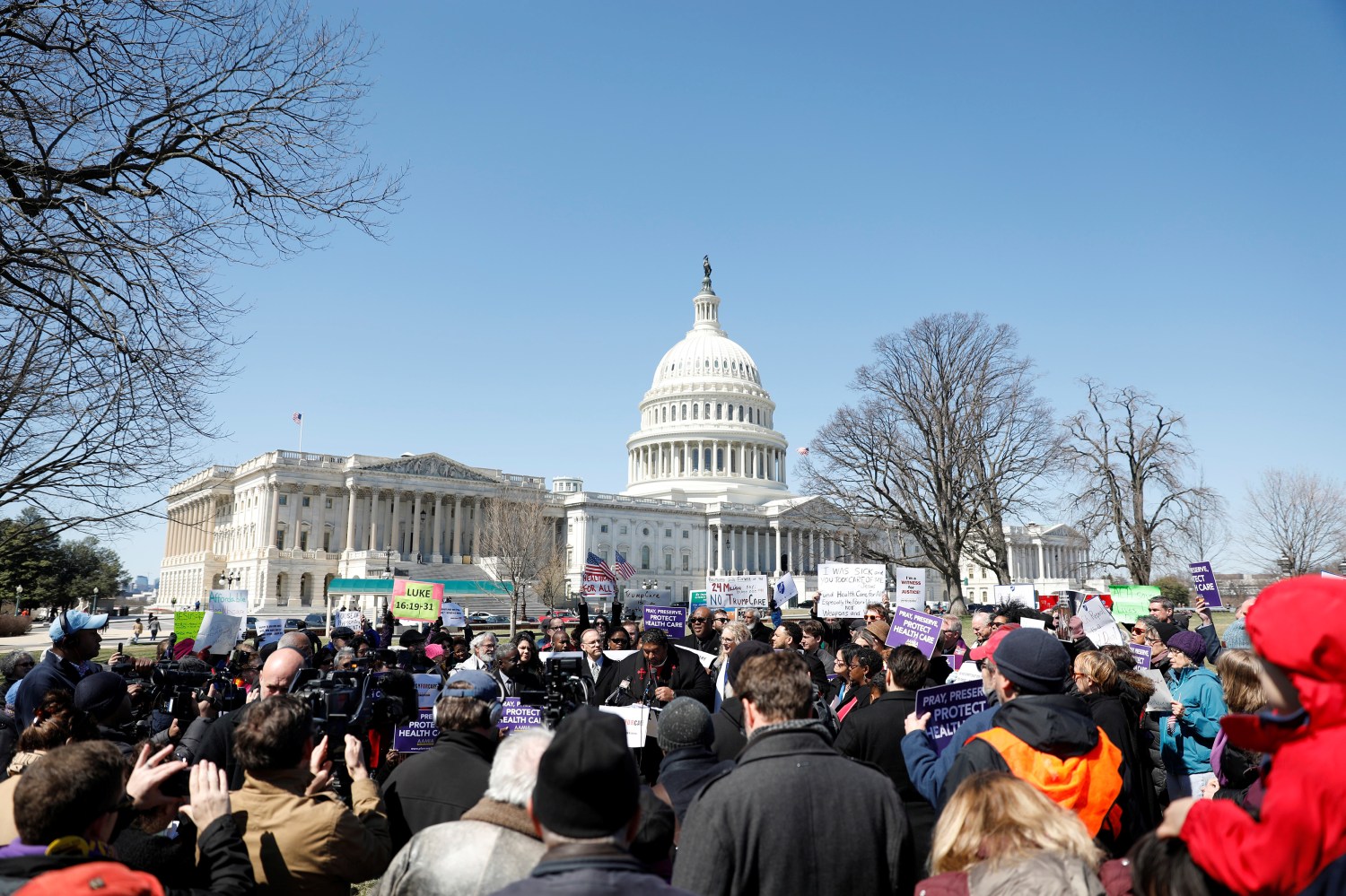 Rev. Dr. William J. Barber speaks during a protest against the repeal of the Affordable Care Act outside the Capitol Building in Washington, U.S., March 22, 2017.