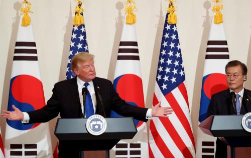 U.S. President Donald Trump and South Korea's President Moon Jae-in hold a joint news conference the Blue House in Seoul, South Korea November 7, 2017. REUTERS/Jonathan Ernst - RC1B149CBB60