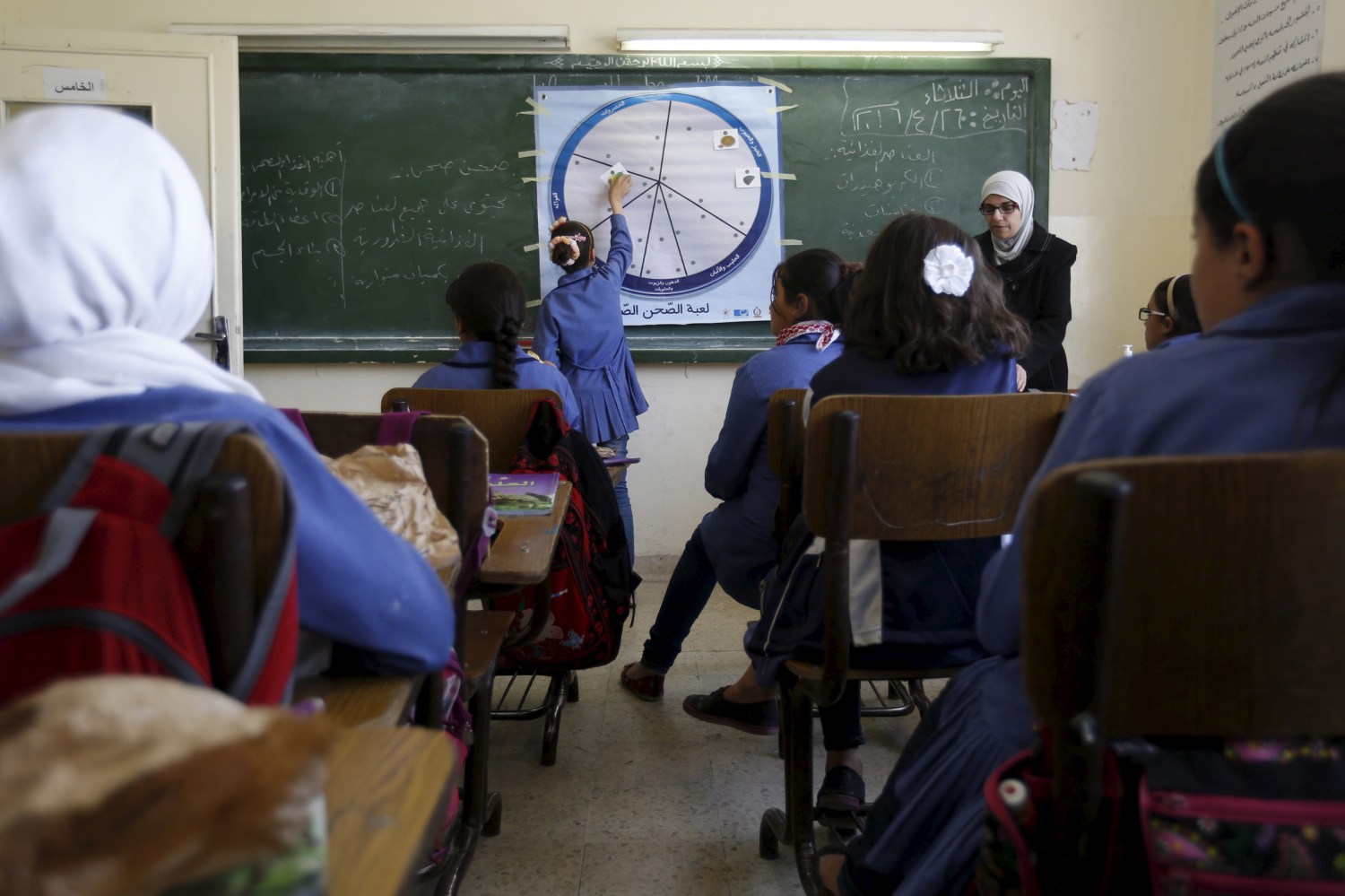 Students attend class in the city of Irbid