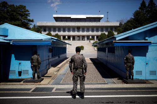 South Korean soldiers stand guard at the truce village of Panmunjom inside the demilitarized zone separating the two Koreas, South Korea, April 11, 2018. REUTERS/Kim Hong-Ji - RC16431E75C0