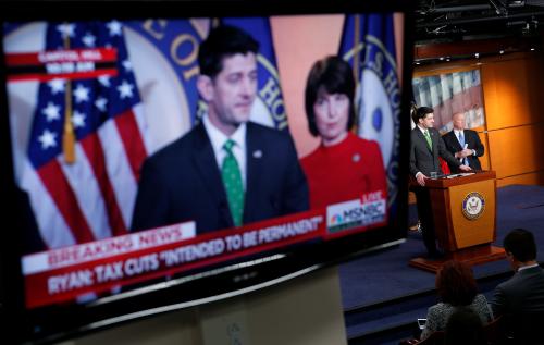 Speaker of the House Paul Ryan (R-WI) is shown speaking on a monitor about tax cuts during a media briefing on Capitol Hill in Washington, U.S., April 17, 2018.