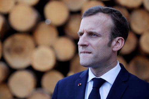 French President Emmanuel Macron visits the Germain-Mougenot sawmill during a day-trip about the wood industry in Saulxures-sur-Moselotte, France, April 18, 2018. REUTERS/Vincent Kessler/Pool - RC1A66401410