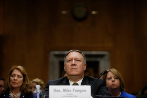 CIA Director Mike Pompeo testifies before a Senate Foreign Relations Committee confirmation hearing on Pompeos nomination to be secretary of state on Capitol Hill in Washington, U.S., April 12, 2018. REUTERS/Leah Millis - HP1EE4C165C9S