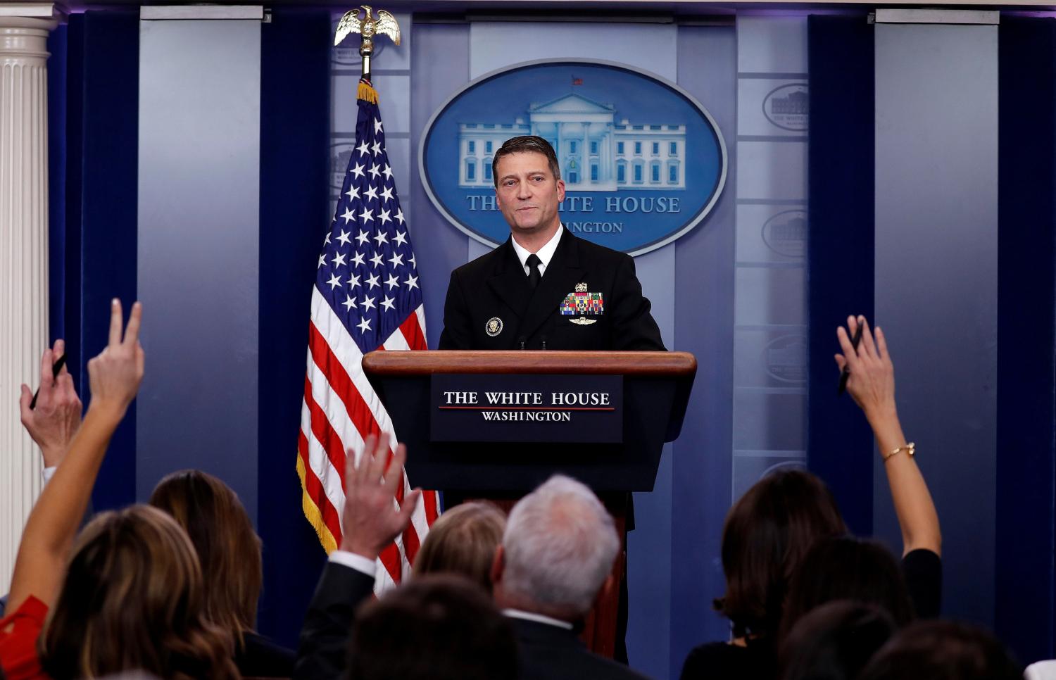 White House, Presidential physician Ronny Jackson answers question about U.S. President Donald Trump's health after the president's annual physical during the daily briefing at the White House in Washington, DC, U.S., January 16, 2018. REUTERS/Carlos Barria - RC1C94235120