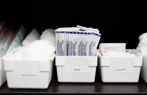 Medical equipment sits in labelled bins inside of the doctor's office of One Medical Group in New York March 17, 2010.