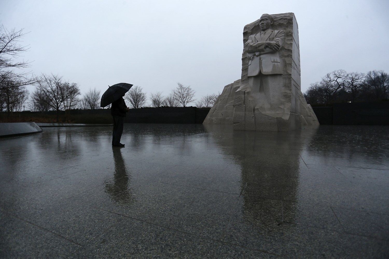 A person stands with an umbrella in a steady rain at the Martin Luther KIng Jr. Memorial in Washington January 18, 2015. REUTERS/Jonathan Ernst