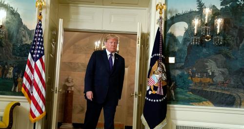 U.S. President Donald Trump arrives to announce military strikes on Syria during a statement at the White House in Washington, U.S., April 13, 2018. REUTERS/Yuri Gripas